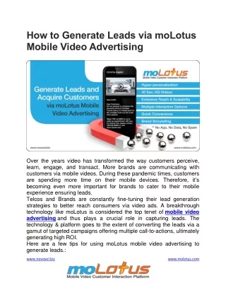 Generate More Leads via unique moLotus Mobile Video Advertising