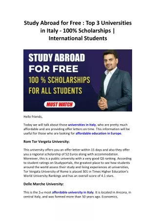 Study Abroad for Free  Top 3 Universities in Italy - 100% Scholarships  International Students