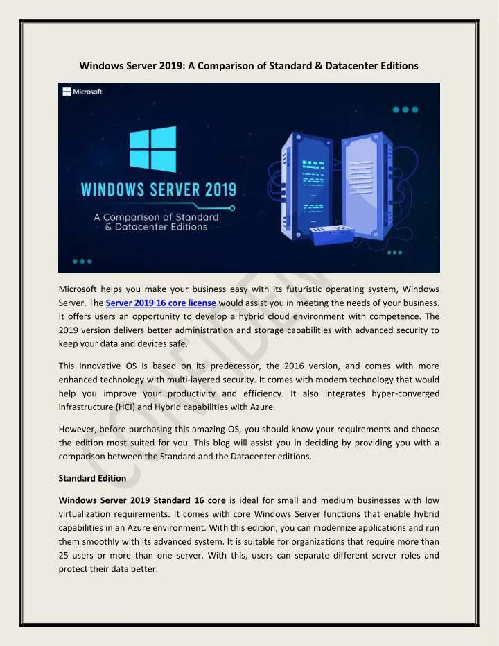 windows server 2019 a comparison of standard