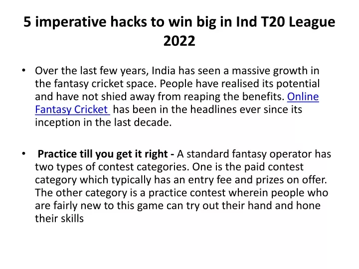 5 imperative hacks to win big in ind t20 league 2022