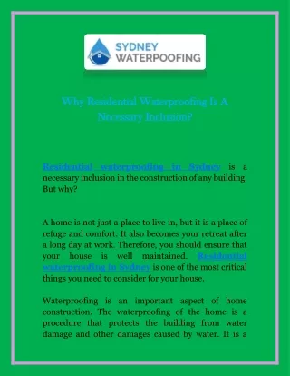 Why Residential Waterproofing Is A Necessary Inclusion?