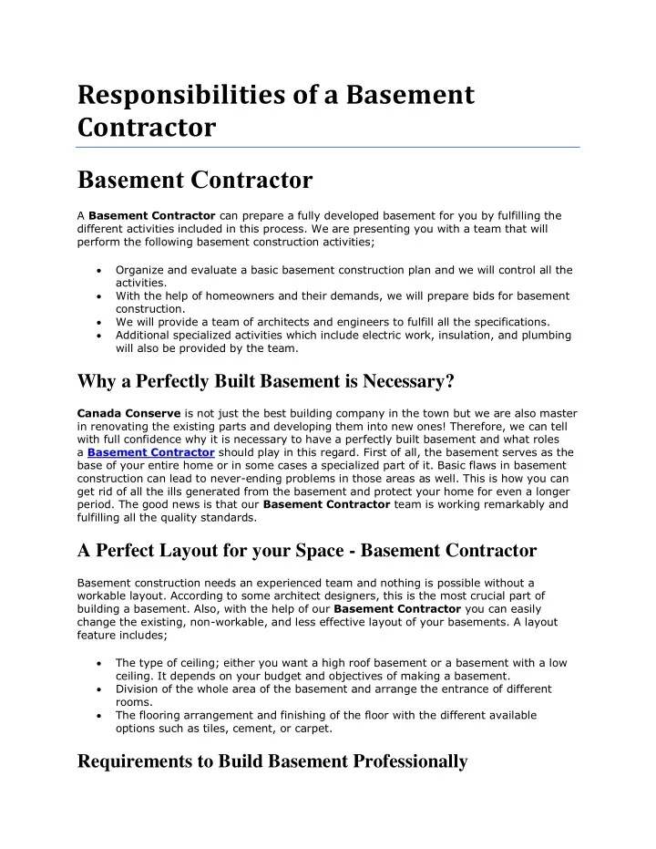 responsibilities of a basement contractor