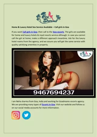 Home & Luxury Hotel Sex Service Available – Call girls in Goa