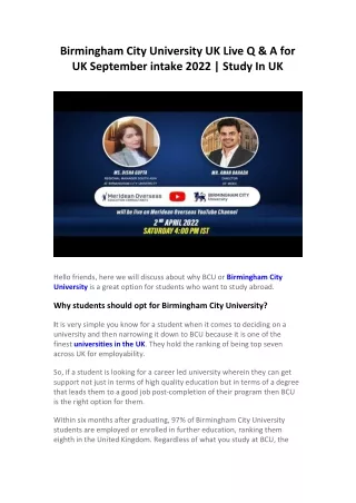 Birmingham City University UK Live Q & A for UK September intake 2022  Study In UK