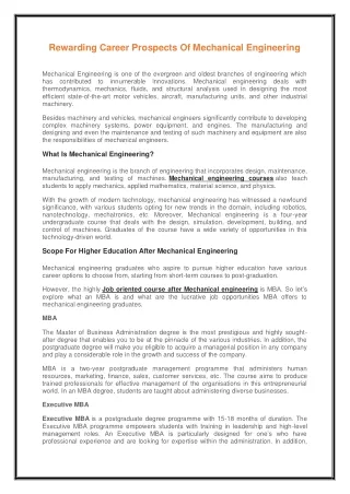 Rewarding Career Prospects Of Mechanical Engineering