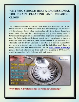HIRE A PROFESSIONAL FOR DRAIN CLEANING AND CLEARING CLOGS