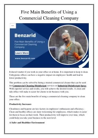 BenzaRid- Five main benefits of using a commercial cleaning company