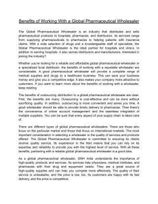 Benefits of Global Pharmaceutical Wholesaler