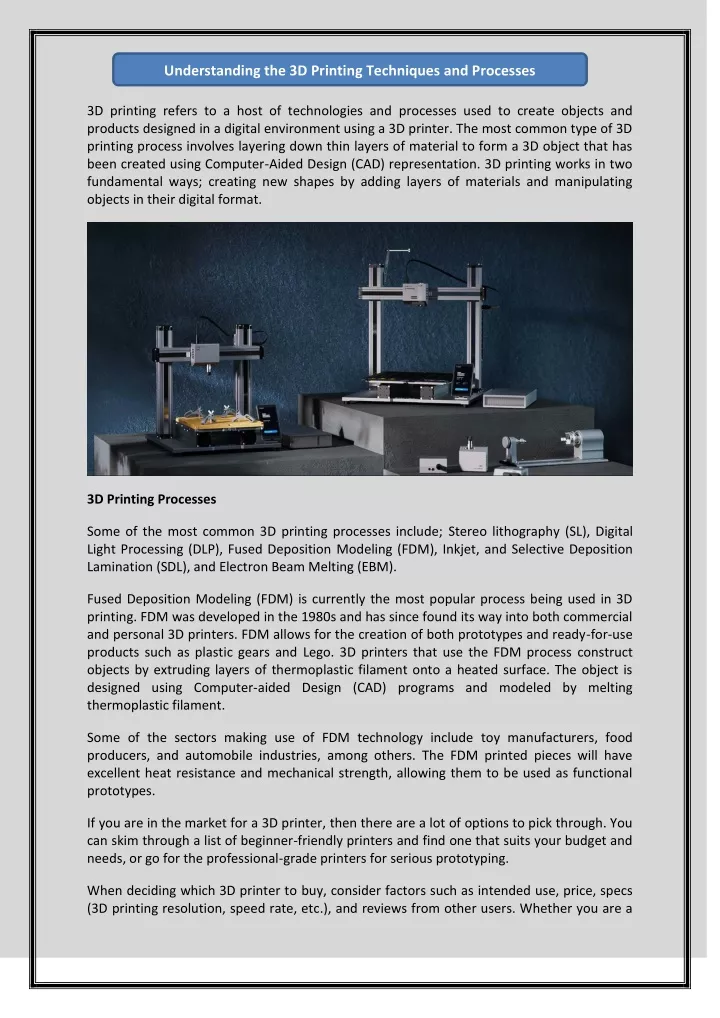 understanding the 3d printing techniques