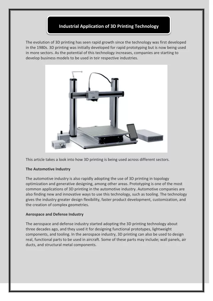 industrial application of 3d printing technology