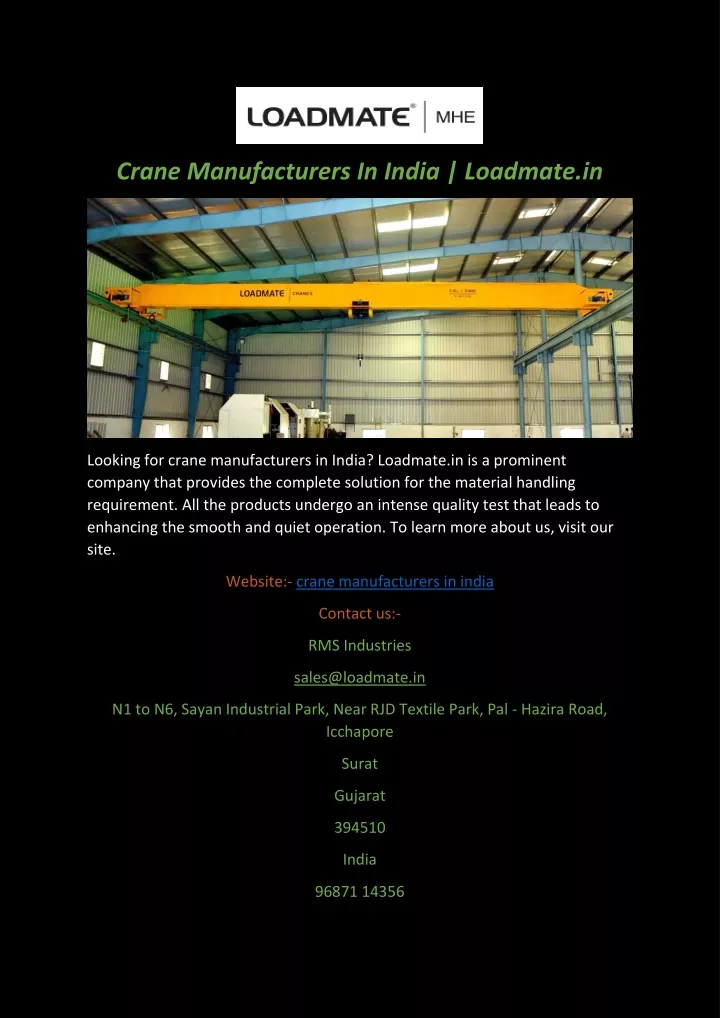 crane manufacturers in india loadmate in