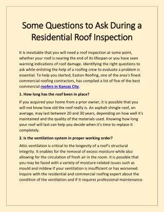 Some Questions to Ask During a Residential Roof Inspection