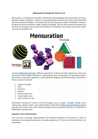 mensuration formulas for class 6 to 10