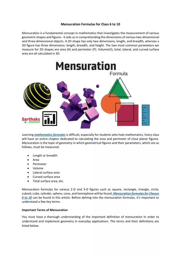 mensuration formulas for class 6 to 10