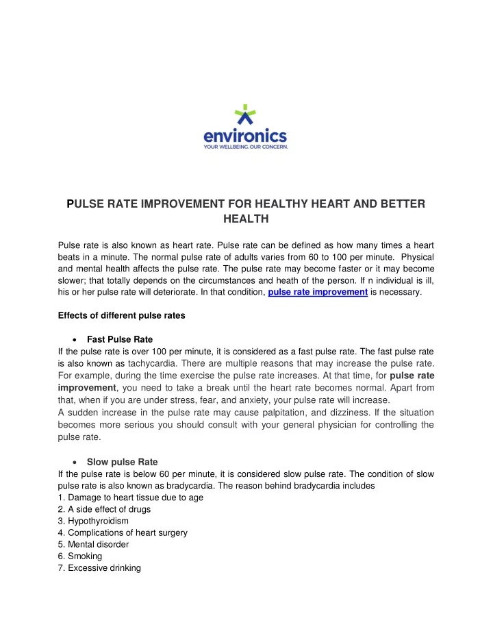 pulse rate improvement for healthy heart