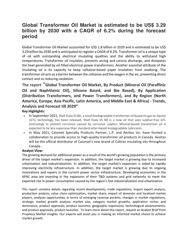 global transformer oil market is estimated