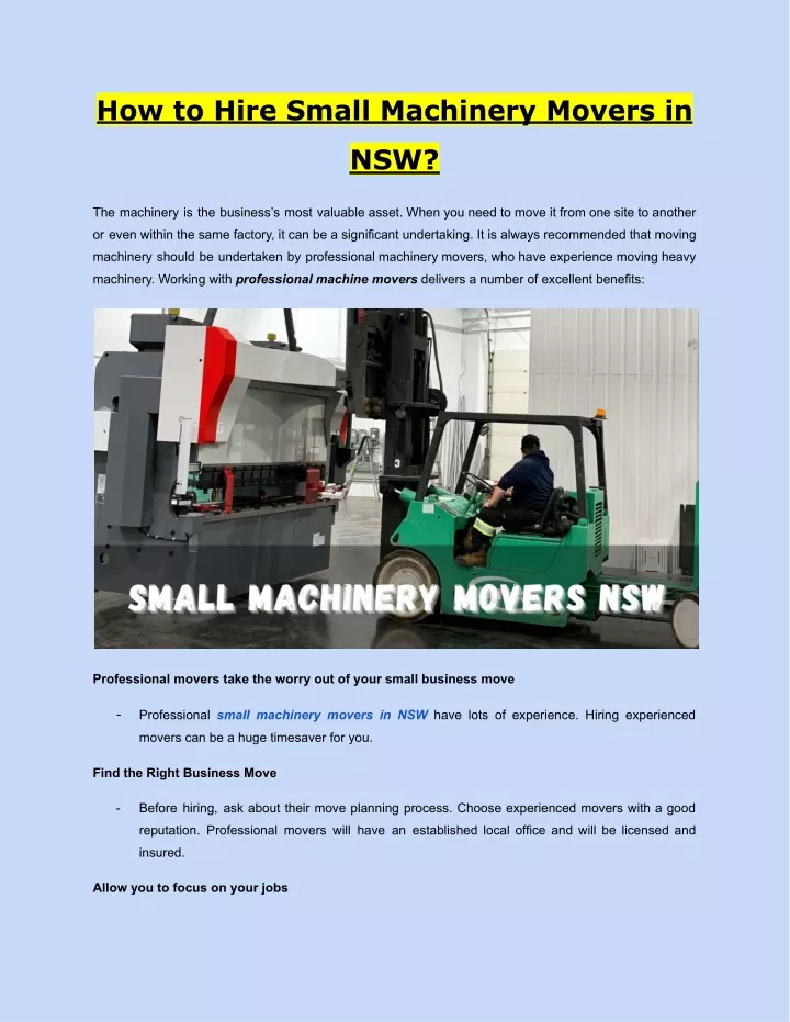 how to hire small machinery movers in