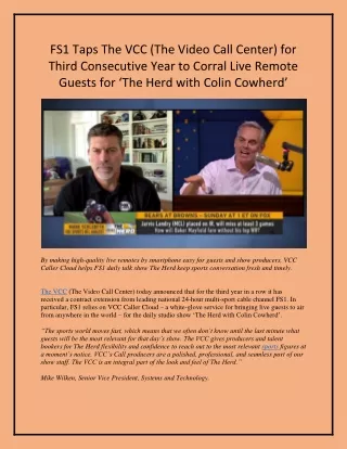 FS1 Taps The VCC for Third Consecutive Year to Corral Live Remote Guests for ‘The Herd with Colin Cowherd’
