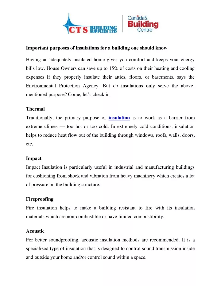 important purposes of insulations for a building
