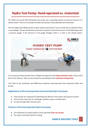 hydro test pump hand operated vs motorized