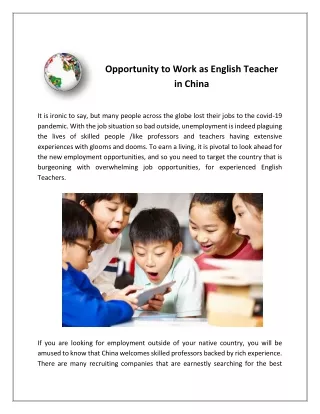 Opportunity To Work As English Teacher In China