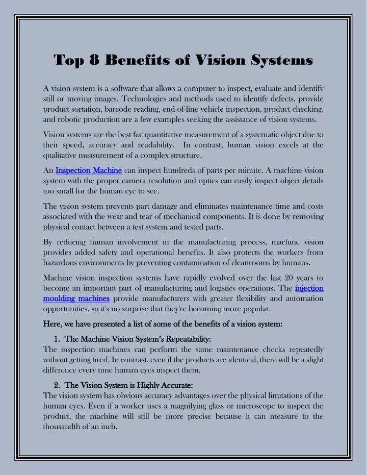 top 8 benefits of vision systems