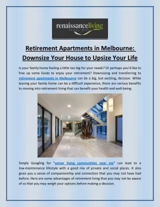 Retirement Apartments in Melbourne: Downsize Your House to Upsize Your Life