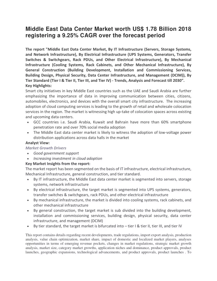 middle east data center market worth