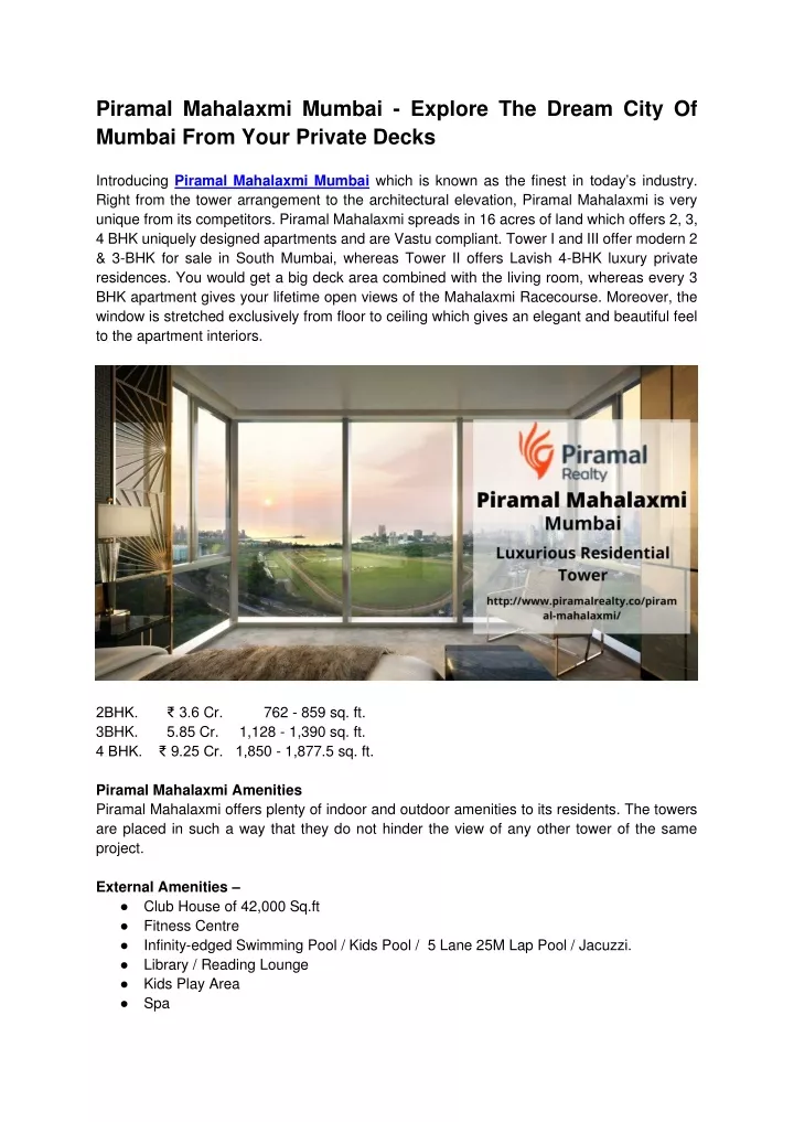 piramal mahalaxmi mumbai explore the dream city