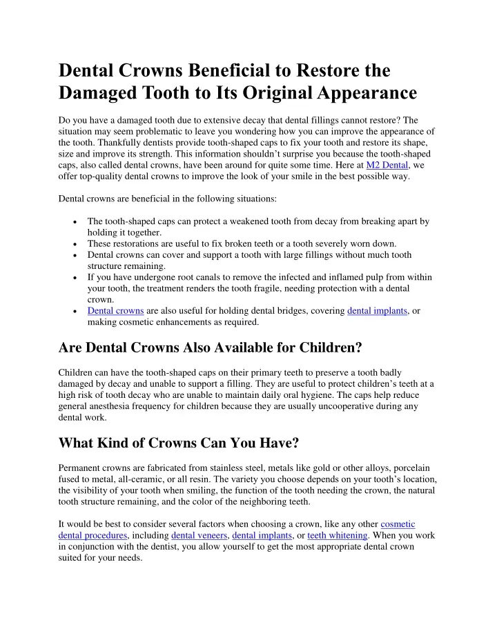 dental crowns beneficial to restore the damaged