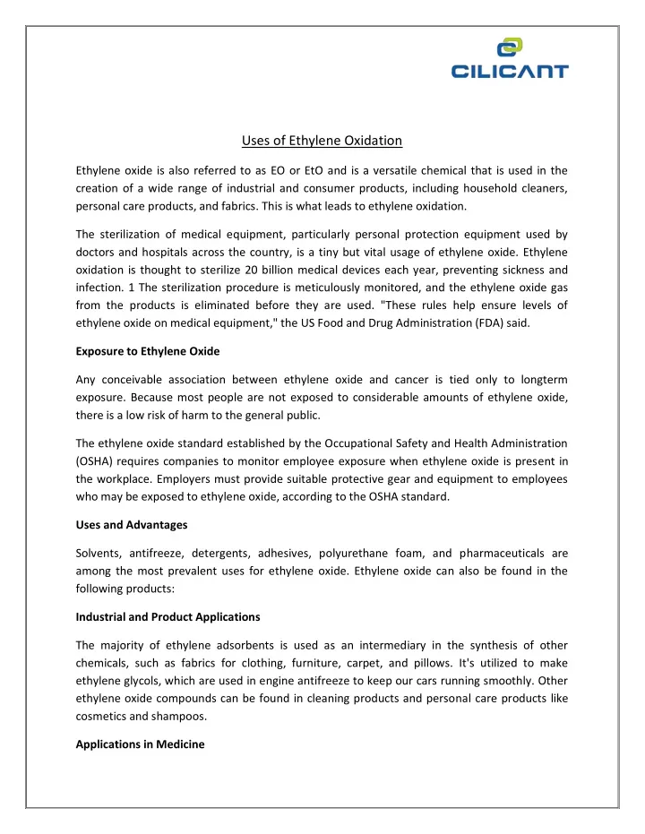 uses of ethylene oxidation