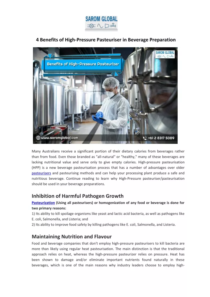 4 benefits of high pressure pasteuriser