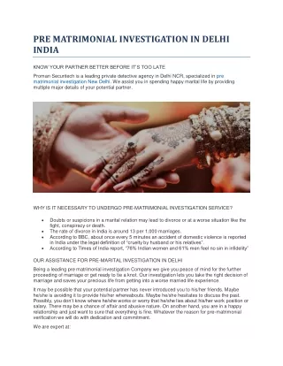 PRE MATRIMONIAL INVESTIGATION IN DELHI INDIA