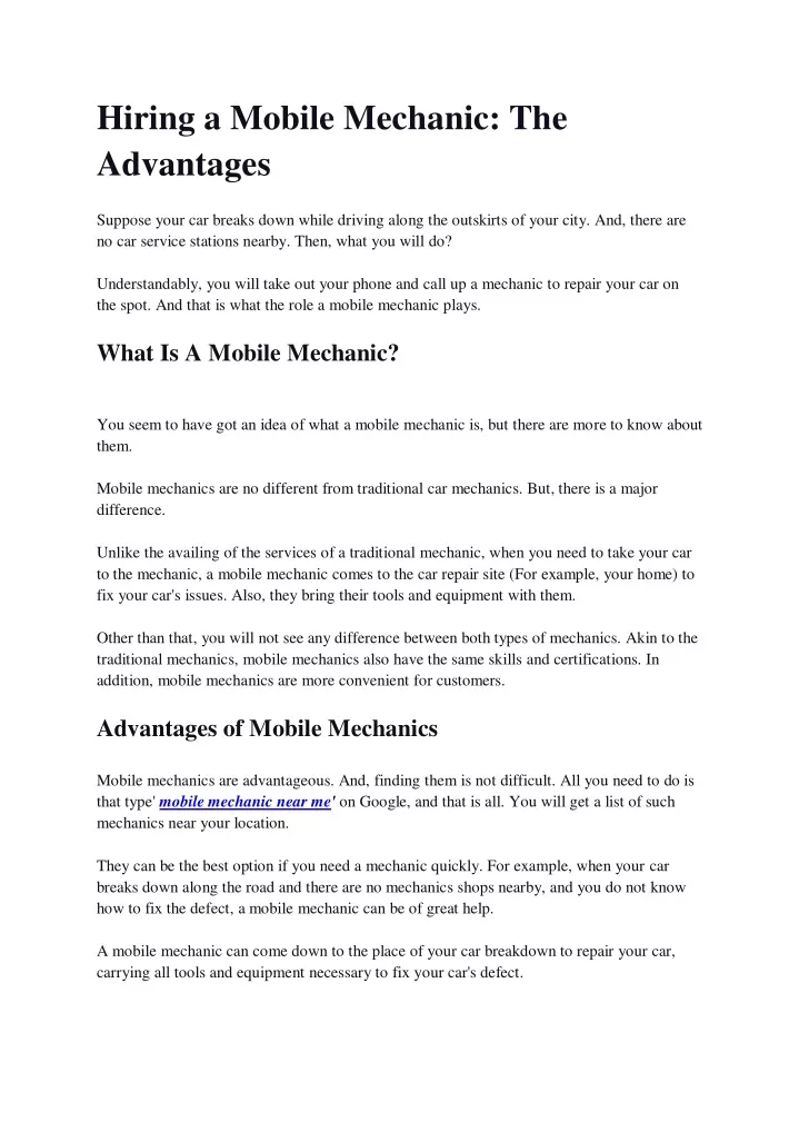 hiring a mobile mechanic the advantages suppose