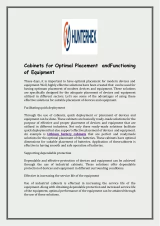 Cabinets for Optimal Placement and Functioning of Equipment
