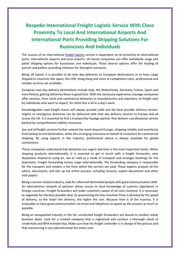 PPT - Bespoke International Freight Logistic Service With Close ...