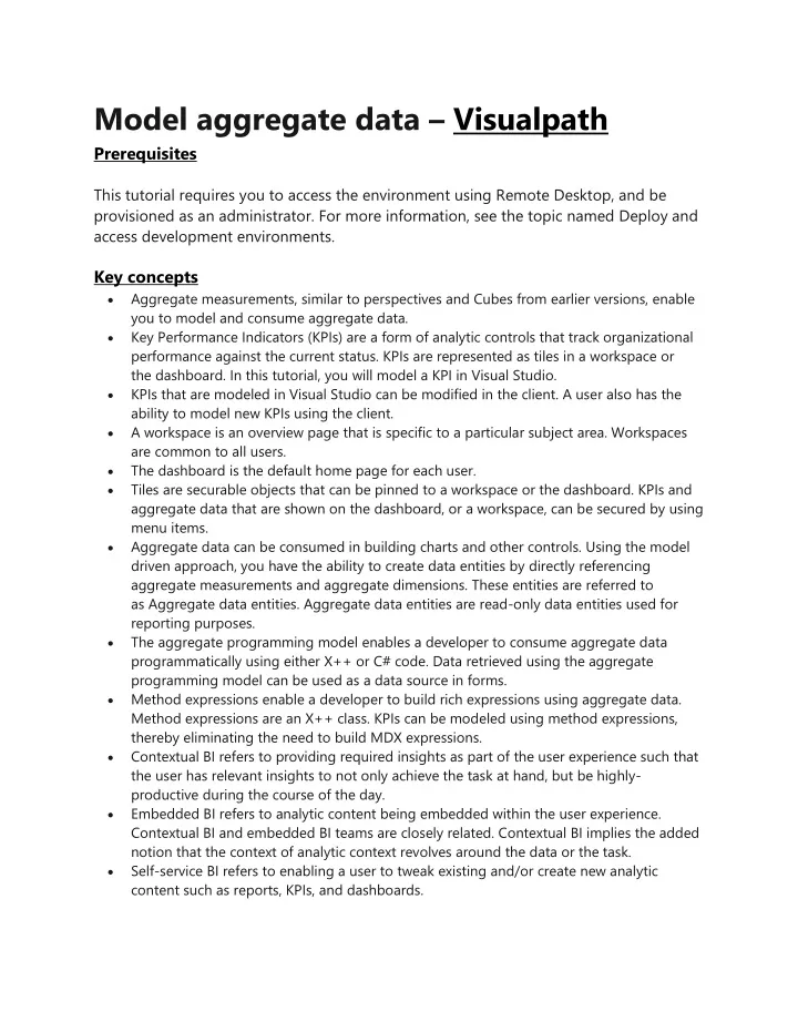 model aggregate data visualpath prerequisites