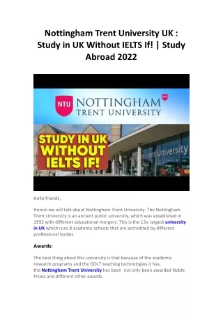 Nottingham Trent University UK  Study in UK Without IELTS If!  Study Abroad 2022