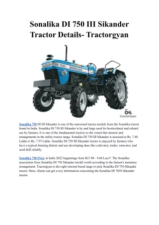 Sonalika DI 750 III Sikander Tractor Details- Tractorgyan