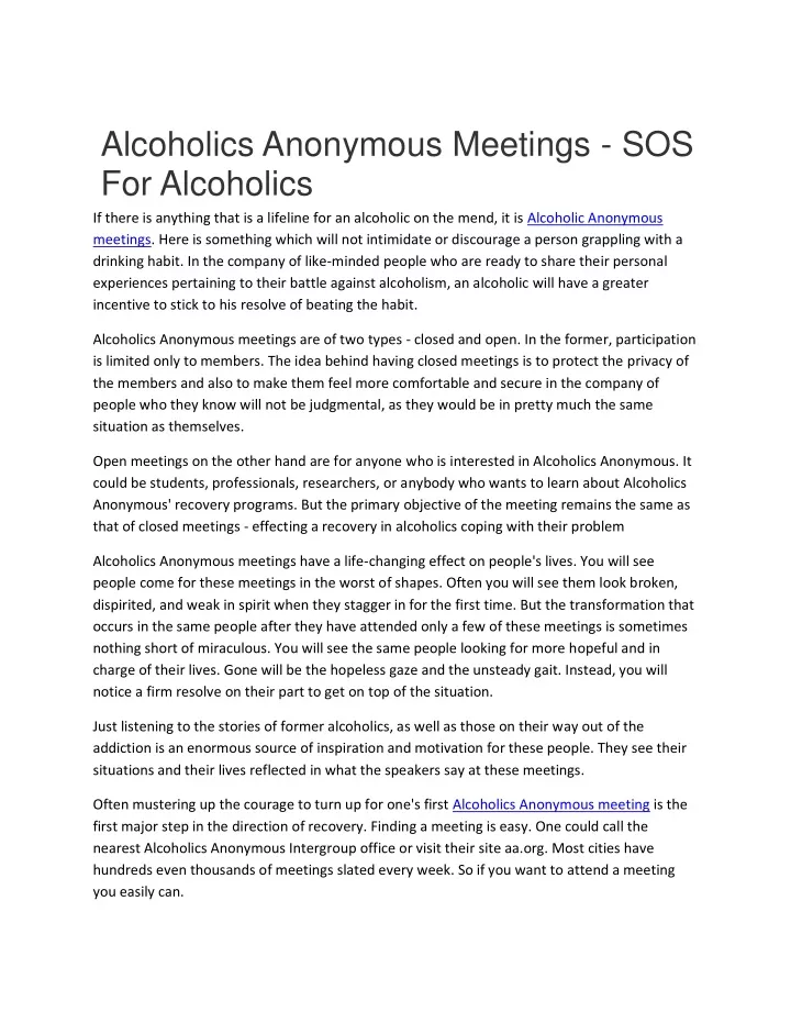 alcoholics anonymous meetings sos for alcoholics