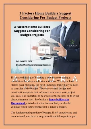 3 Factors Home Builders Suggest Considering For Budget Projects