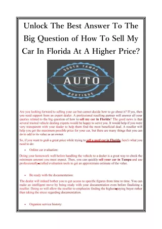 Unlock The Best Answer To The Big Question of How To Sell My Car In Florida At A Higher Price