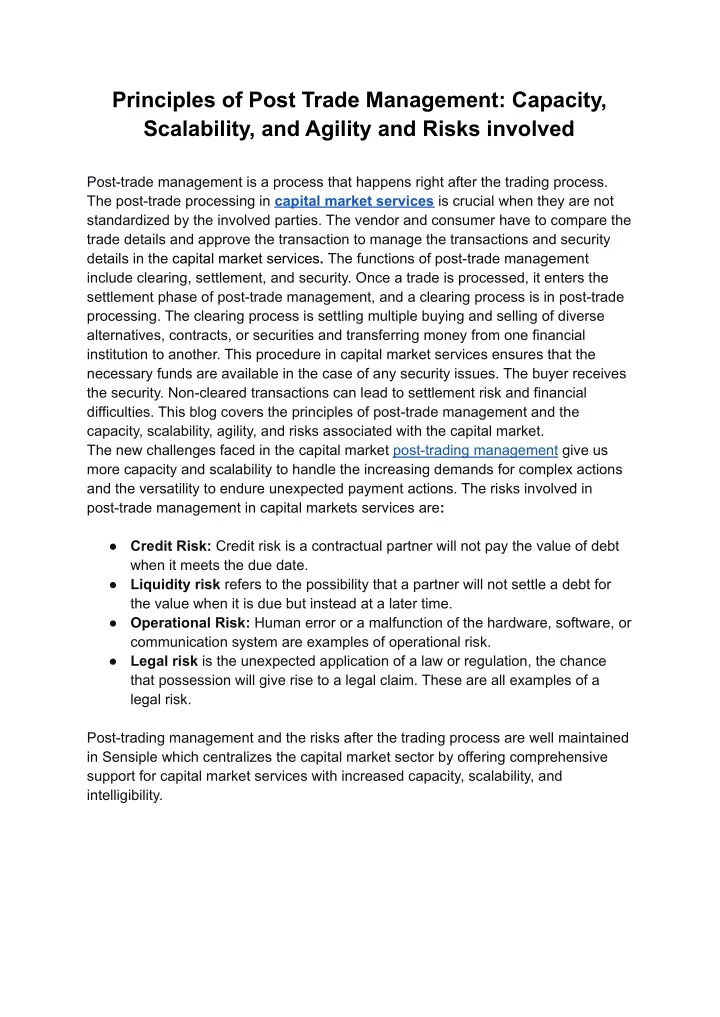 principles of post trade management capacity