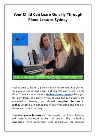 Your Child Can Learn Quickly Through Piano Lessons Sydney