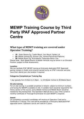MEWP Training Course by Third Party IPAF Approved Partner Centre