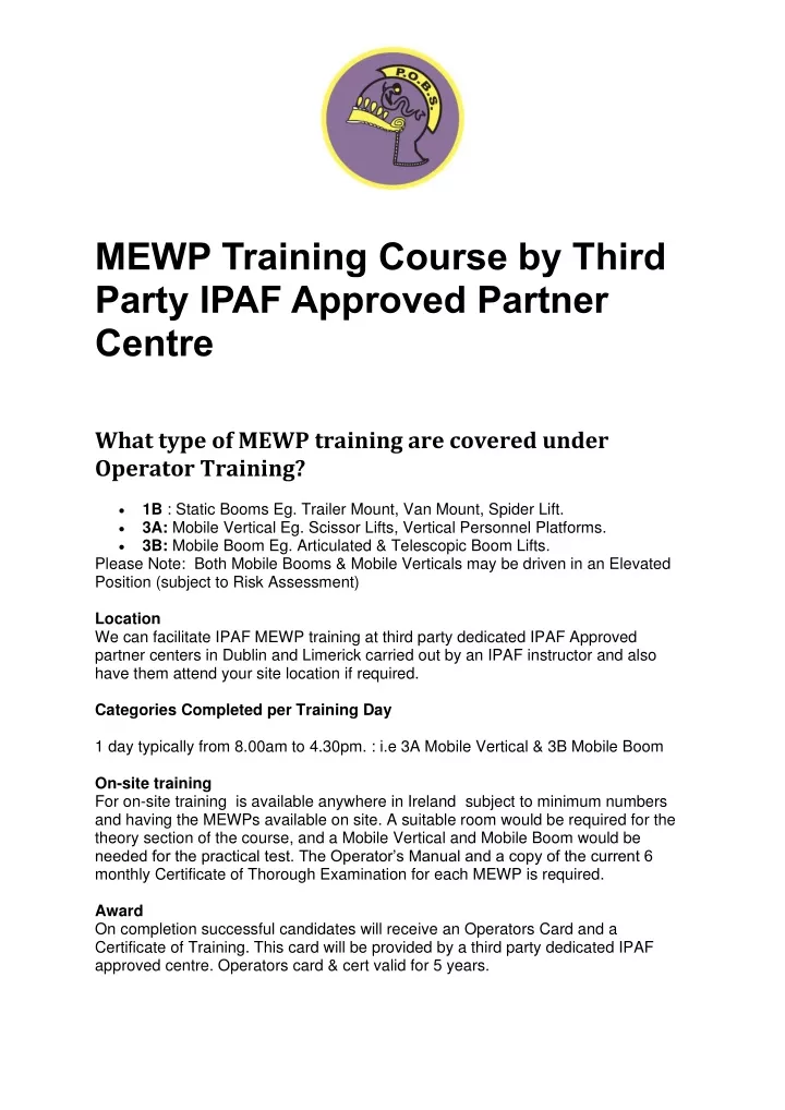mewp training course by third party ipaf approved