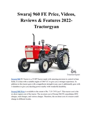 Swaraj 960 FE Price, Videos, Reviews & Features 2022- Tractorgyan