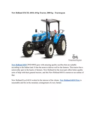 New Holland EXCEL 6010, 60 hp Tractor, 2000 kg - Tractorgyan