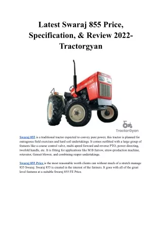 Latest Swaraj 855 Price, Specification, & Review 2022- Tractorgyan