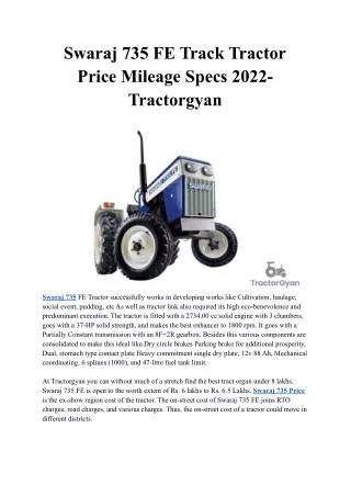 Swaraj 735 FE Track Tractor Price Mileage Specs 2022- Tractorgyan